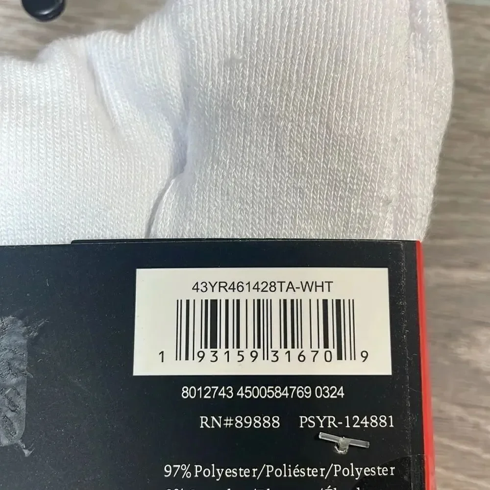 NEW Spyder Men’s Size 6-12 White Crew Socks w/ Logo- 6 Pairs 97%Poly/Spandex